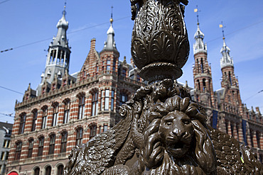 Magna Plaza and ornate lamp post, Amsterdam, Holland, Europe