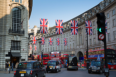 Union Jacks on Regent Street, London, England, United Kingdom, Europe