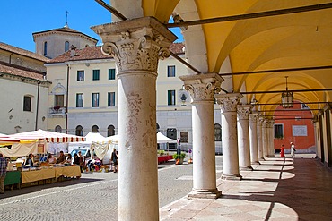 Market and arches, Post Building, Piazza dei Duomo, Belluno, Province of Belluno, Veneto, Italy, Europe