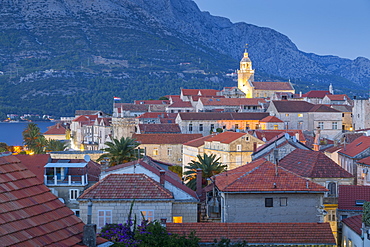 View of Korcula Town at dusk, Korcula, Dalmatia, Croatia, Europe