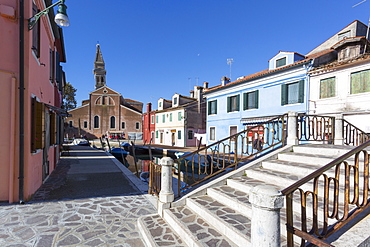 Canal and leaning tower, Burano, Veneto, Italy, Europe