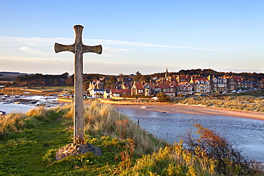 St. Cuthbert's Cross on Church Hill and Alnmouth at sunset, Northumberland, England, United Kingdom, Europe