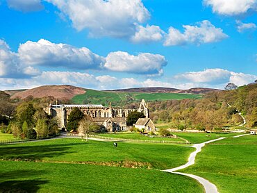 The ruins of the Augustinian Bolton Priory in the Wharfe valley at Bolton Abbey North Yorkshire England