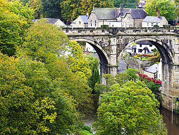 Knaresborough Viaduct in autumn from Knaresborough Castle Grounds, Knaresborough, Yorkshire, England, United Kingdom, Europe