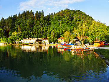 Sunlit buildings on the shore of Lake Bled, Slovenia, Europe