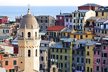 Santa Margherita Church and colourful buildings at dusk, Vernazza, Cinque Terre, UNESCO World Heritage Site, Liguria, Italy, Mediterranean, Europe 