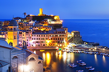 Vernazza at dusk, Cinque Terre, UNESCO World Heritage Site, Liguria, Italy, Mediterranean, Europe 