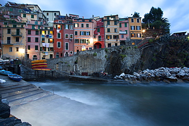 Riomaggiore Harbour at dusk, Cinque Terre, UNESCO World Heritage Site, Liguria, Italy, Mediterranean, Europe