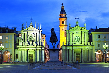 Piazza San Carlo as the floodlights come on at dusk, Turin, Piedmont, Italy, Europe