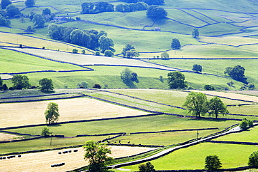 Meadows in Wharfedale from Edge Top near Hebden, Yorkshire Dales, Yorkshire, England, United Kingdom, Europe