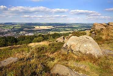 Gritstone Rocks at the Surprise View overlooking Otley from The Chevin, West Yorkshire, Yorkshire, England, United Kingdom, Europe