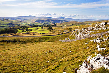 Ribblesdale and Ingleborough from above Langcliffe near Settle, Yorkshire, England, United Kingdom, Europe