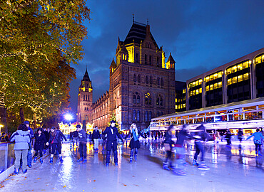 Christmas ice skating rink outside the Natural History Museum, Kensington, London, England, United Kingdom, Europe