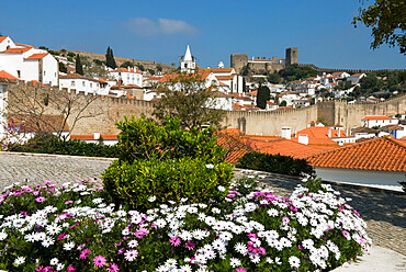 View over old town and castle walls, Obidos, Estremadura, Portugal, Europe