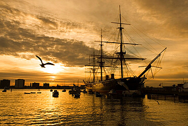 Sunset over the Hard and HMS Warrior, Portsmouth, Hampshire, England, United Kingdom, Europe