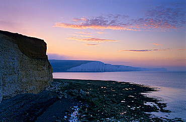 View of Seven Sisters cliffs at sunrise, Seaford, East Sussex, England, United Kingdom, Europe