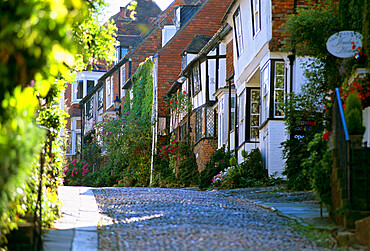 View along cobbled Mermaid Street, Rye, East Sussex, England, United Kingdom, Europe