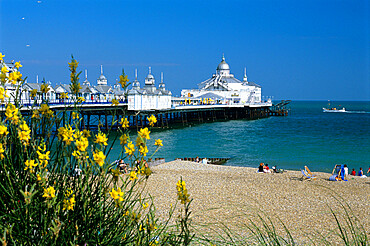 View over beach and pier, Eastbourne, East Sussex, England, United Kingdom, Europe