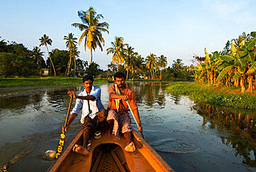 Canoeing along the Backwaters, near Alappuzha (Alleppey), Kerala, India, Asia