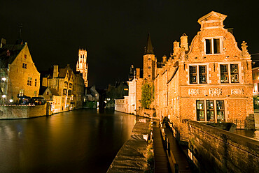 Rozenhoedkaai (Rosary Quay) and the Belfry at night, Bruges, UNESCO World Heritage Site, West Vlaanderen (Flanders), Belgium, Europe