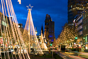 Christmas lights leading up to the Kaiser Wilhelm Memorial Church, Berlin, Germany, Europe