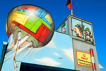 Mock guard tower on the remains of the Berlin Wall at the East Side Gallery, Berlin, Germany, Europe