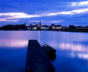 Dusk over the old town and Lake Inferiore, Mantua, Lombardy, Italy, Europe