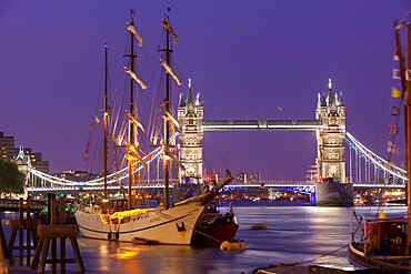 Tower Bridge and tall ships on River Thames, London, England, United Kingdom, Europe