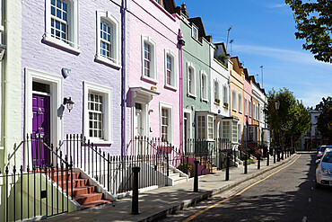 Pastel coloured terraced houses, Bywater Street, Chelsea, London, England, United Kingdom, Europe