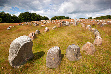 Viking burial ground with stones placed in oval outline of a Viking ship, Lindholm Hoje, Aalborg, Jutland, Denmark, Scandinavia, Europe