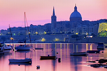 Sunrise over Msida Creek to Valletta with Dome of Carmelite Church, Valletta, Malta, Mediterranean, Europe