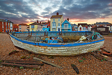 Old fishing boat on beach, Aldeburgh, Suffolk, England, United Kingdom, Europe