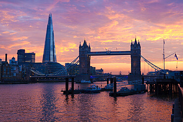 The Shard and Tower Bridge on the River Thames at sunset, London, England, United Kingdom, Europe