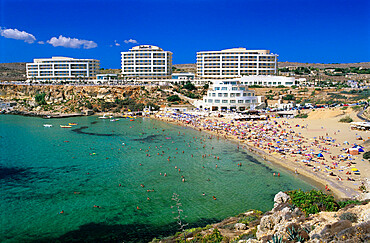 Sandy beach with Radisson SAS Hotel, Golden Bay, Malta, Mediterranean, Europe