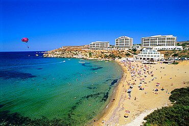 Sandy beach with Radisson SAS Hotel, Golden Bay, Malta, Mediterranean, Europe