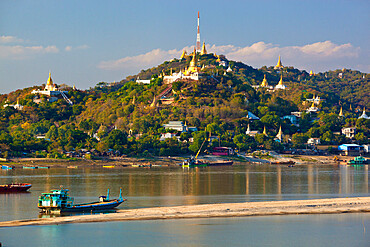 Stupas on Sagaing Hill and Ayeyarwady River, Sagaing, near Mandalay, Myanmar (Burma), Asia