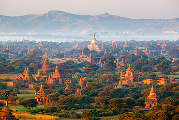 Dawn over ancient temples from hot air balloon, Bagan (Pagan), Central Myanmar, Myanmar (Burma), Asia