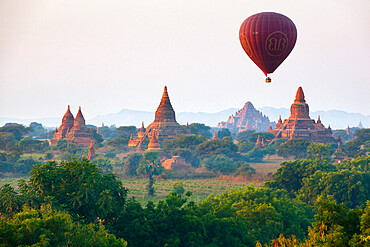 Dawn over ancient temples from hot air balloon, Bagan (Pagan), Central Myanmar, Myanmar (Burma), Asia