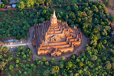 Dawn over ancient temples from hot air balloon, Bagan (Pagan), Central Myanmar, Myanmar (Burma), Asia