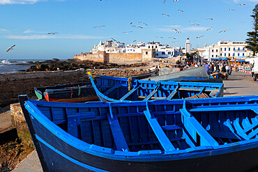 View over the fishing harbour to the ramparts and medina, Essaouira, Atlantic coast, Morocco, North Africa, Africa