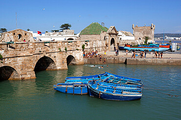 Fishing boats below the ramparts of the old fort, Essaouira, Atlantic coast, Morocco, North Africa, Africa