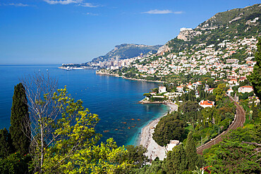 View along Roquebrune Bay to Monte Carlo, Roquebrune-Cap-Martin, Provence-Alpes-Cote d'Azur, French Riviera, Provence, France, Mediterranean, Europe