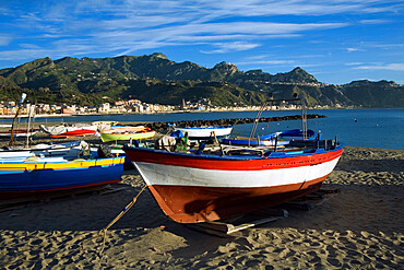 Fishing boats on beach, Giardini Naxos, Sicily, Italy, Mediterranean, Europe