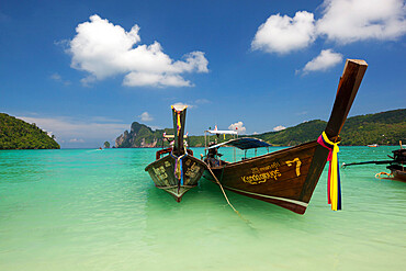 Long-tail boats in Ao Dalam bay, Koh Phi Phi, Krabi Province, Thailand, Southeast Asia, Asia