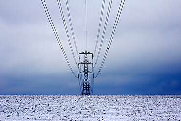 Electricity pylon in winter, near Winchcombe, Gloucestershire, England, United Kingdom, Europe