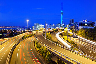 Sky Tower and Southern Motorway 1 viewed from Hopetoun Street, Auckland, North Island, New Zealand, Pacific