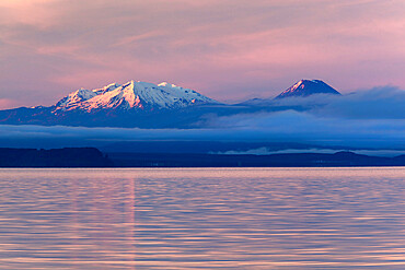 Lake Taupo with Mount Ruapehu and Mount Ngauruhoe at dawn, Taupo, North Island, New Zealand, Pacific