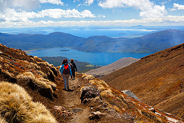 Tongariro Alpine Crossing with view of Lake Taupo, Tongariro National Park, UNESCO World Heritage Site, North Island, New Zealand, Pacific