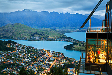 Skyline Restaurant with Lake Wakatipu and the Remarkables at dusk, Queenstown, Otago, South Island, New Zealand, Pacific