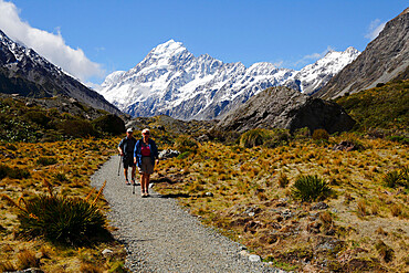 Walkers on Hooker Valley Track with Mount Cook, Mount Cook National Park, UNESCO World Heritage Site, Canterbury region, South Island, New Zealand, Pacific